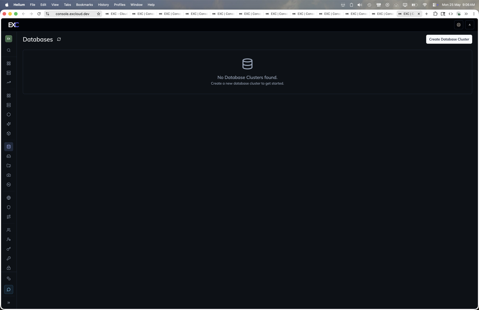 Database clusters in the Excloud console